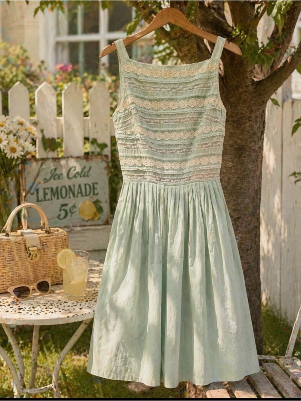 Vintage-1950 ‘s Mint Green Lace Bodice Sundress size small